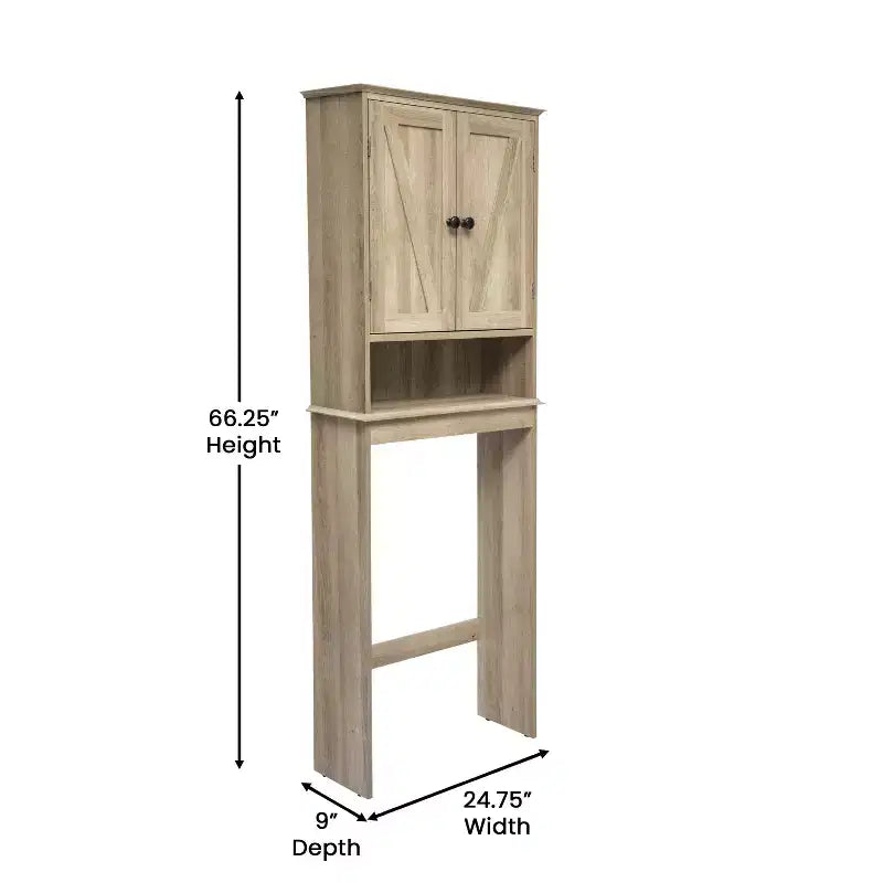 Mobiletto da bagno sopra il WC in stile rustico con ante a chiusura magnetica, ripiano regolabile e ripiano inferiore aperto