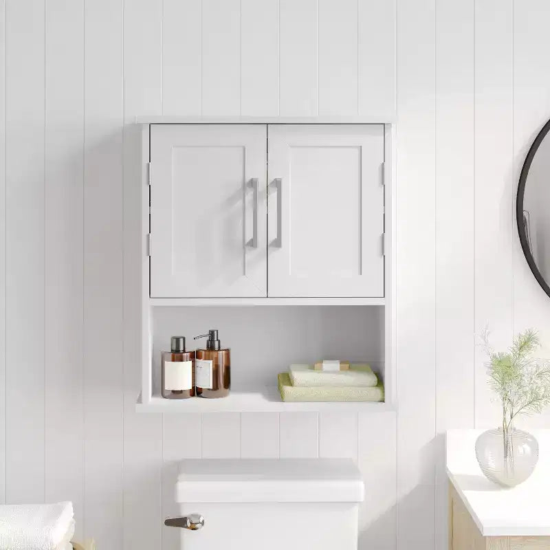Pensile per medicinali da bagno a parete con ante a chiusura magnetica, ripiano regolabile e ripiano inferiore aperto