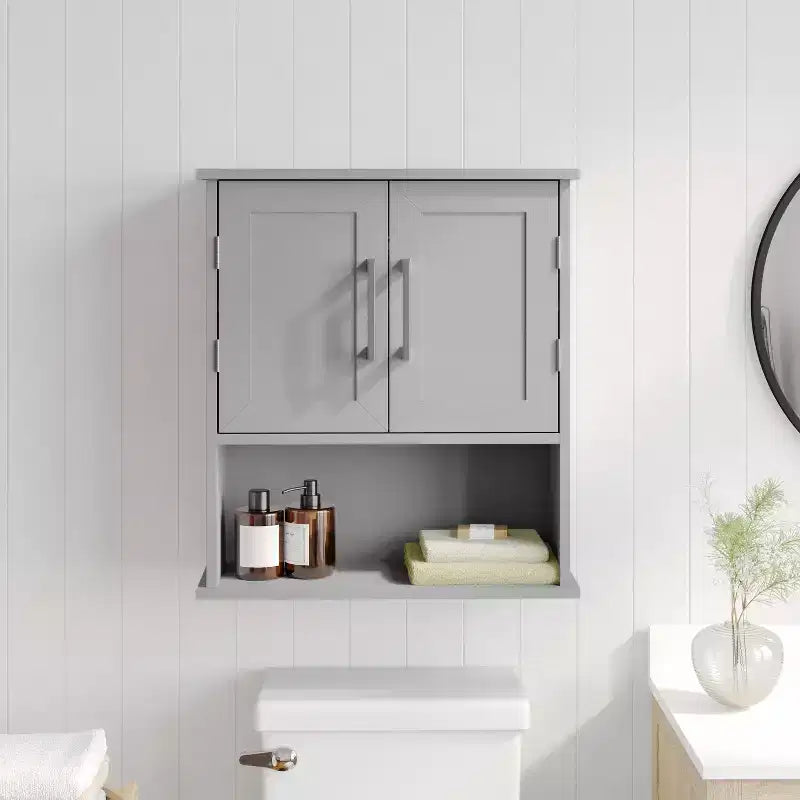Pensile per medicinali da bagno a parete con ante a chiusura magnetica, ripiano regolabile e ripiano inferiore aperto