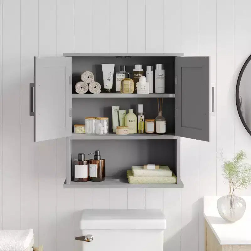 Pensile per medicinali da bagno a parete con ante a chiusura magnetica, ripiano regolabile e ripiano inferiore aperto