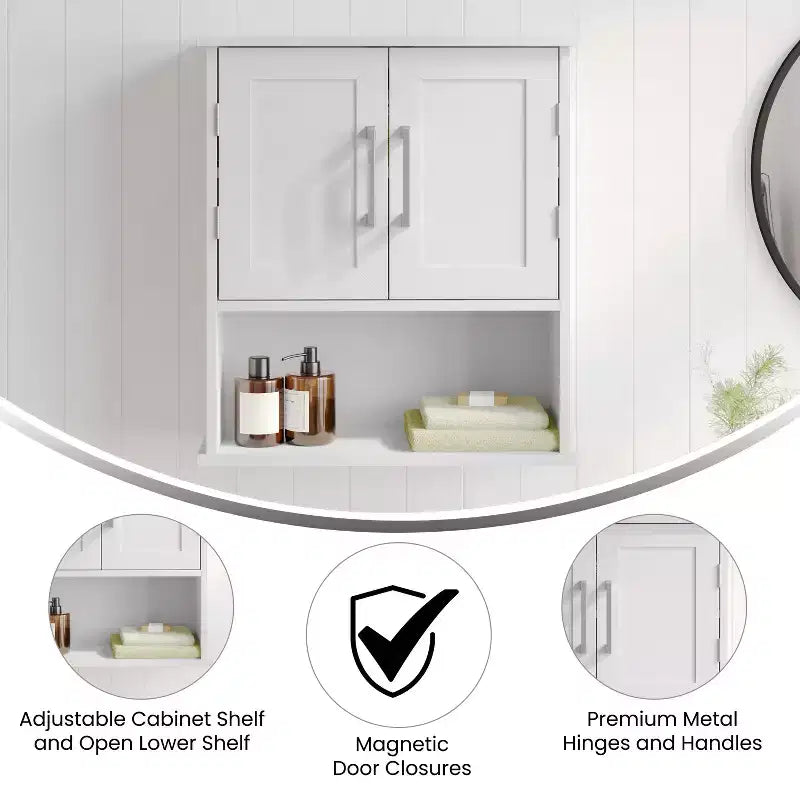 Pensile da bagno con ripiano regolabile, ante con chiusura magnetica e ripiano a giorno