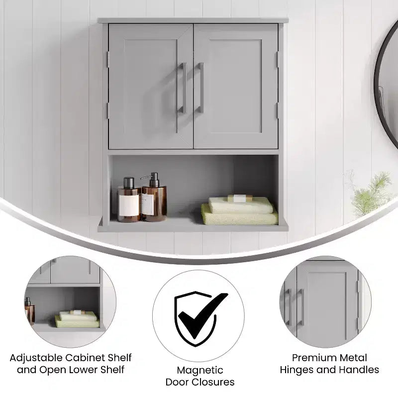 Pensile da bagno con ripiano regolabile, ante con chiusura magnetica e ripiano a giorno