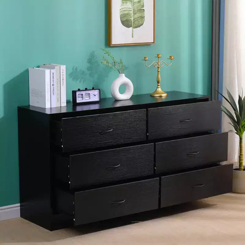 Cassettiera ampia a 6 cassetti per camera da letto, 53,5 pollici, moderna, in MDF, finitura nera