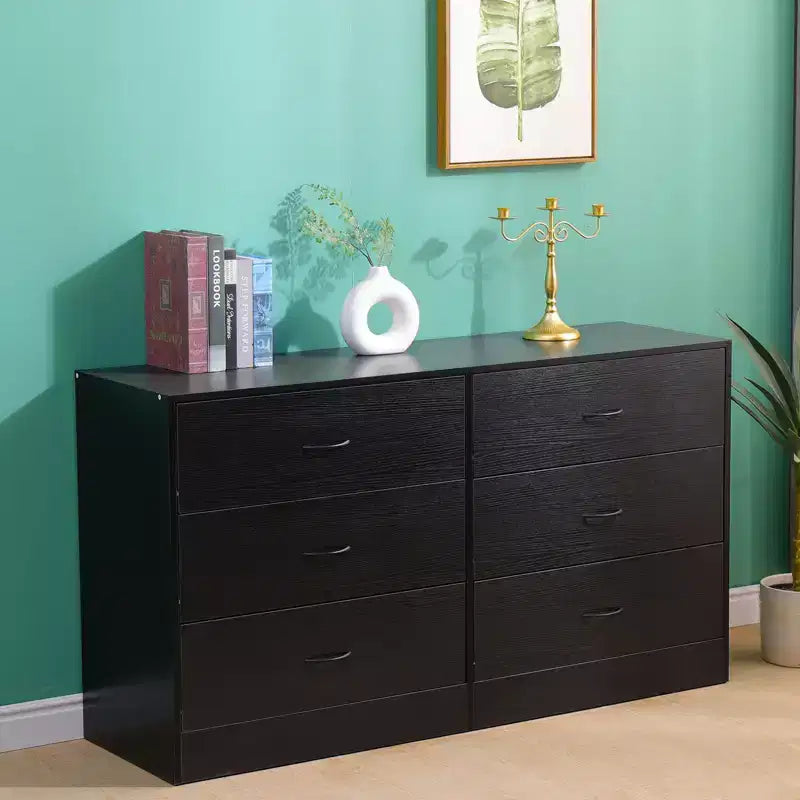 Cassettiera ampia a 6 cassetti per camera da letto, 53,5 pollici, moderna, in MDF, finitura nera