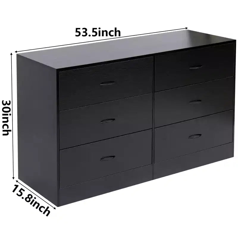 Cassettiera ampia a 6 cassetti per camera da letto, 53,5 pollici, moderna, in MDF, finitura nera