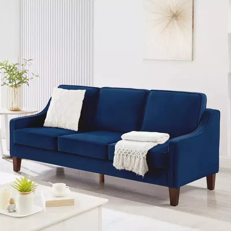 Divano Imbottito con Bracciolo Concavo e Piedini in Legno – Singolo / Divanetto / 3 Pezzi, Blu Scuro / Nero / Tortora