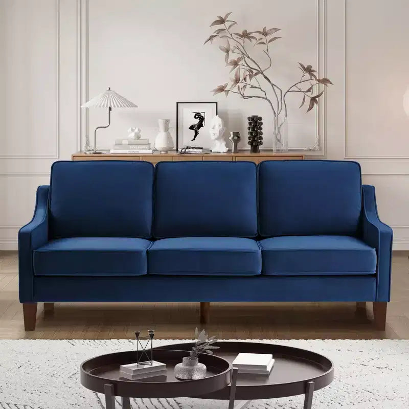 Divano Imbottito con Bracciolo Concavo e Piedini in Legno – Singolo / Divanetto / 3 Pezzi, Blu Scuro / Nero / Tortora