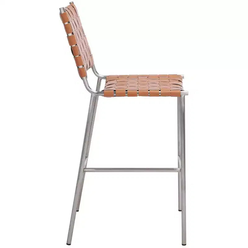 Sgabello da bancone in pelle intrecciata con struttura in metallo
