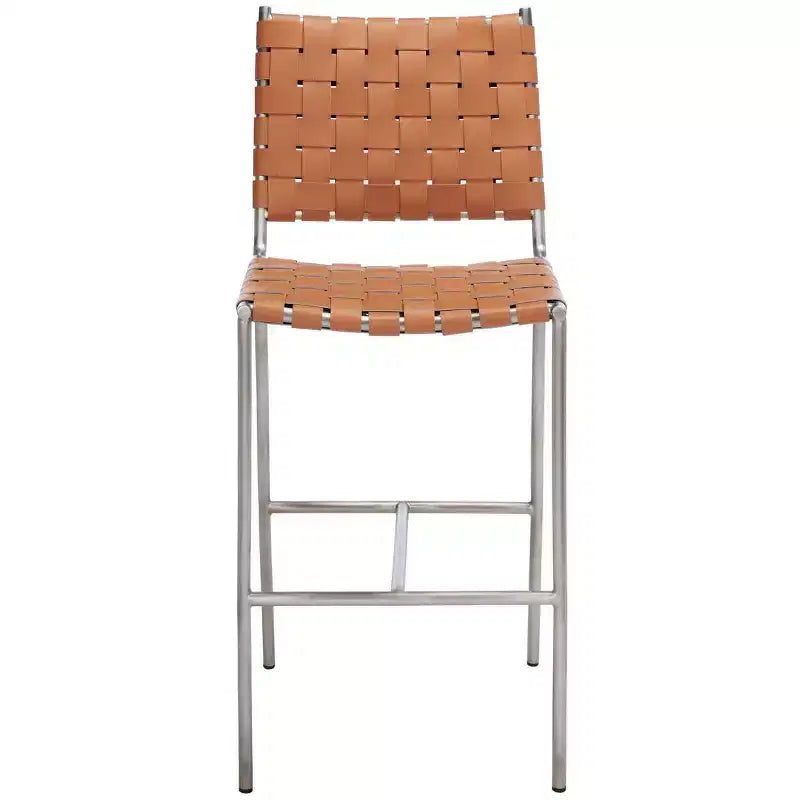 Sgabello da bancone in pelle intrecciata con struttura in metallo